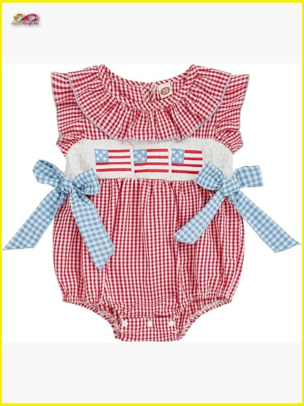 Baby Girl 4th of July Romper American Flag Embroidery Ruffle Sleeve